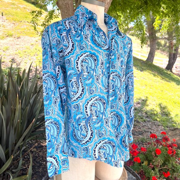70's Funky Print Shirt - Size Large - Blues Hues - Brand Jonathan Hill Design - Picture 8 of 10